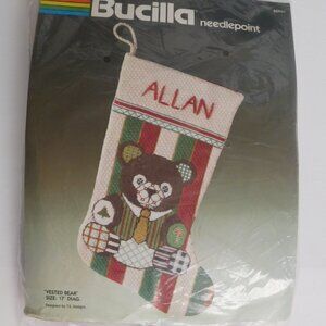BUCILLA CHRISTMAS STOCKING CRAFT KIT SEALED NIP NEEDLE POINT - VESTED BEAR 17"